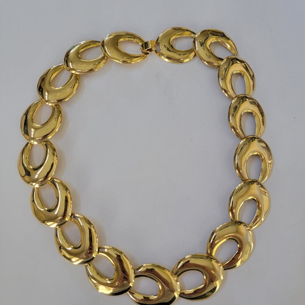 Vintage Gold Tone Chunky Link Necklace Bold Oval Chain Statement Collar Jewelry